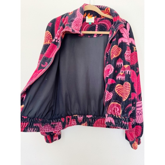 FARM RIO Black Tropical Magic Plush Velvet Bomber Jacket Back Pink S - Picture 6 of 11